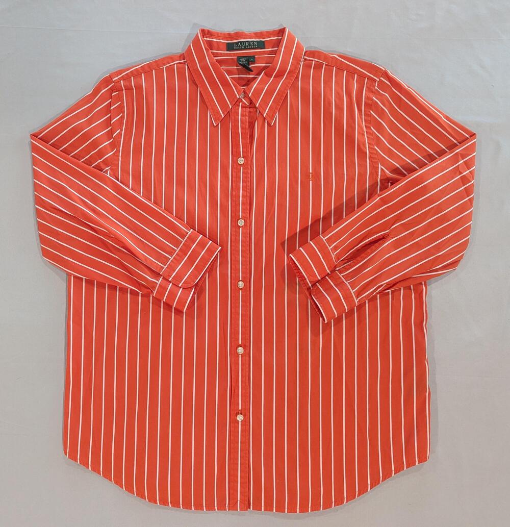 Lauren Ralph Lauren Shirt Womens L Orange Striped Long Sleeve Button Up Casual